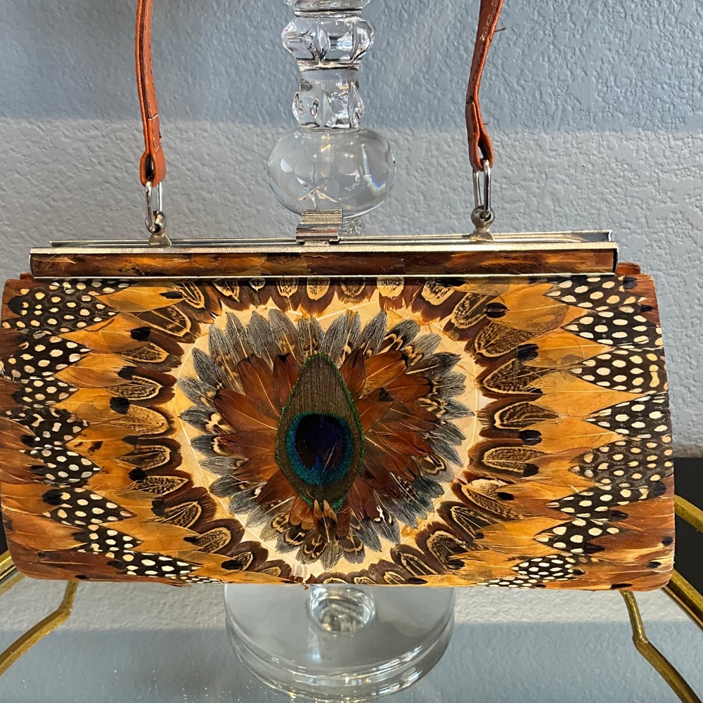 VTG Outdoor Forest Fairytale Wedding Feather Frame Bag Woodsy Bride Brown Blue - Picture 5 of 16